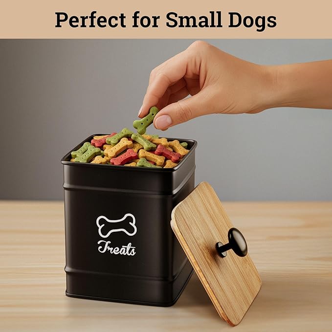 Dog Treat Container Airtight - 5 Inch Wide x 7 Inch Tall Iron Dog Treat Jar for Kitchen Counter with Airtight Bamboo Lid - 7 Cup Capacity Pet Treat Container - Doggie Cookie Jar - Big Treats Canister
