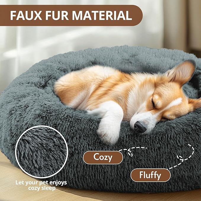 JOLLYVOGUE Small Dog & Cat Beds for Indoor Cats, Donut Cuddler Warming Soft Dog Beds with Anti-Slip Bottom, Round Calming Fluffy Plush Faux Fur Cushion Bed for Small Dogs (20")