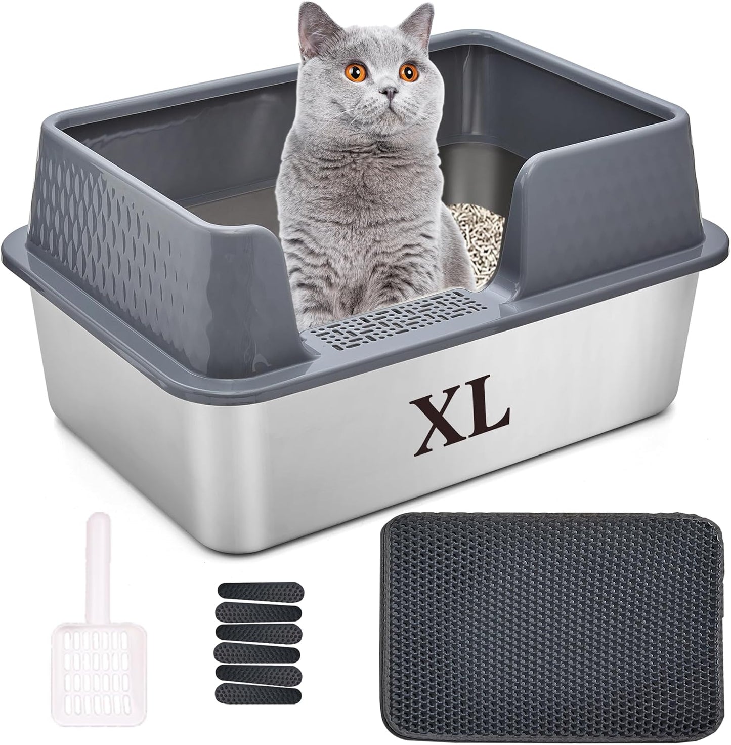 Suhaco Stainless Steel Litter Box Side Entry, Kitty Litter Mat and White Scoop Included Covered Metal High Sided Extra Large Cat Litter Box with Lid Removable Enclosure for Medium Cats (Tall Grey)