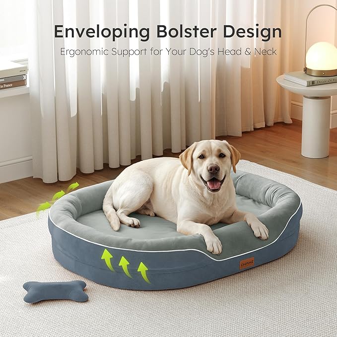 XXL Orthopedic Dog Bed, 53 in. Dog Bed for Large Sized Dogs with Full-Surround Bolsters, Dual-Sided Dog Cooling Beds with Memory Foam, Washable Pet Sofa Couch with Nonslip Bottom, Dark Grey