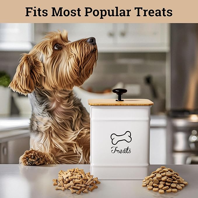 Dog Treat Container Airtight - 5 Inch Wide x 7 Inch Tall Iron Dog Treat Jar for Kitchen Counter with Airtight Bamboo Lid - 7 Cup Capacity Pet Treat Container - Doggie Cookie Jar - Big Treats Canister