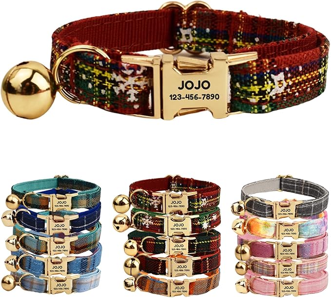 Plaid Polyester Personalized Cat Collar with Name & Owner Phone, Customizable Laser-Engraved, Charming Bell, Metal Buckle for Kittens and Cats - Matching Leash Available (Style-M)