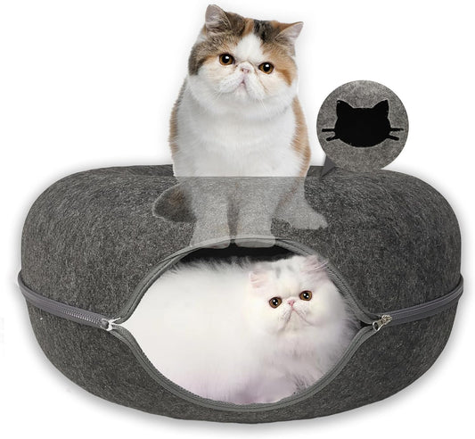 Donut Cat Tunnel Bed Peekaboo Cat Cave for Large Cats Up to 30 Lbs, Kitty Interactive Playing Tent House for Multiple Cats,Detachable,Scratch Resistant (Deep Gray, Large - 24 Inch Diameter)