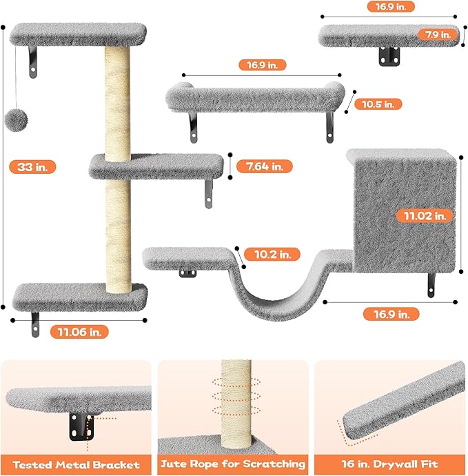 6-in-1 Wall Mounted Cat Climber Set for Heavy Cats，Wall Shelves,Stable & Safe Cat Furniture Set for Large Cats, Wooden Climbing Wall with Scratching Post（ Gray）