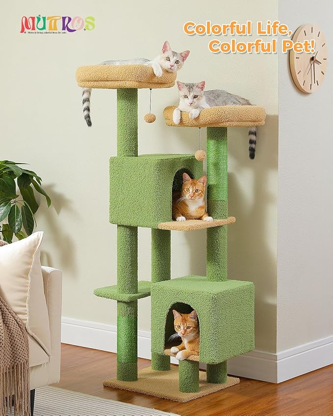 52.4" Cactus Cat Tree, Cute Cat Tower for Indoor Cats with 2 Padded Perches, 2 Cozy Condos & Sisal Scratching Posts, Green