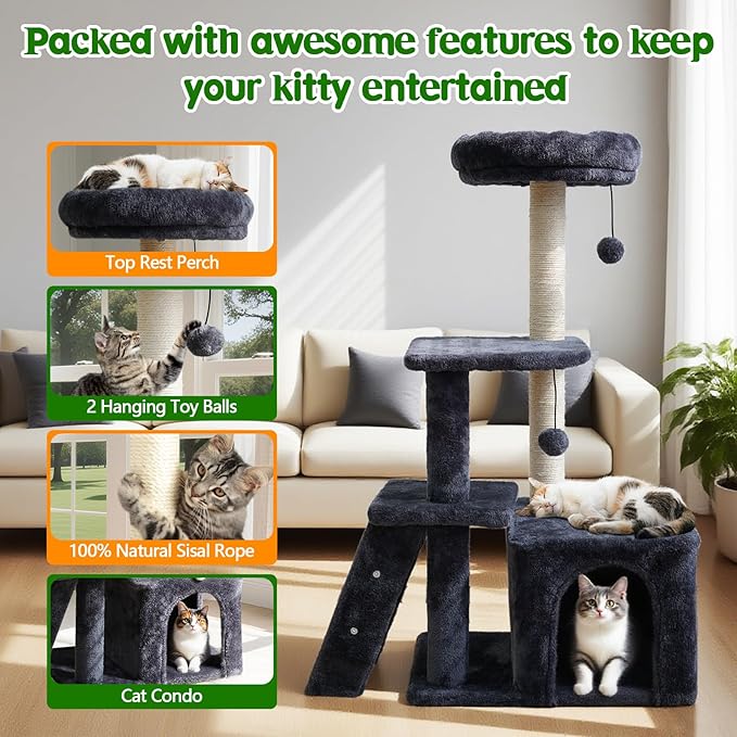 38.4'' Cat Tree Tower with Climbing Ladder, Cats Tree Scratching Post and Ball, Plush Condo, Modern Multi-Level Furniture Climber for Indoor Cats Large Adult, Dark Gray