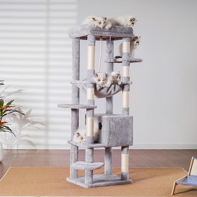 Heybly Cat Tree for Large Cats 20lbs Heavy Duty,60 inches XXL Cat Tower for Indoor Cats, Multi-Level Furniture Condo with Big Padded Plush Perch, Cozy Basket, Light Gray HCT050W