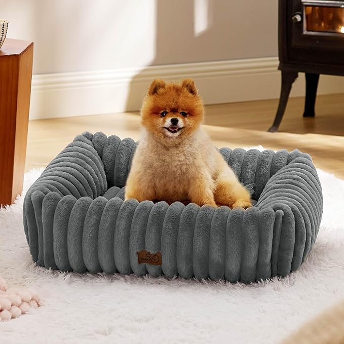 Bedsure Cute Dog Bed for Small Medium Dogs - Washable Furry Puppy Beds, Rectangle Orthopedic Corduroy Fleece Pet Beds with Removable Zipper Cover, 25x21x7inches, Warm Grey