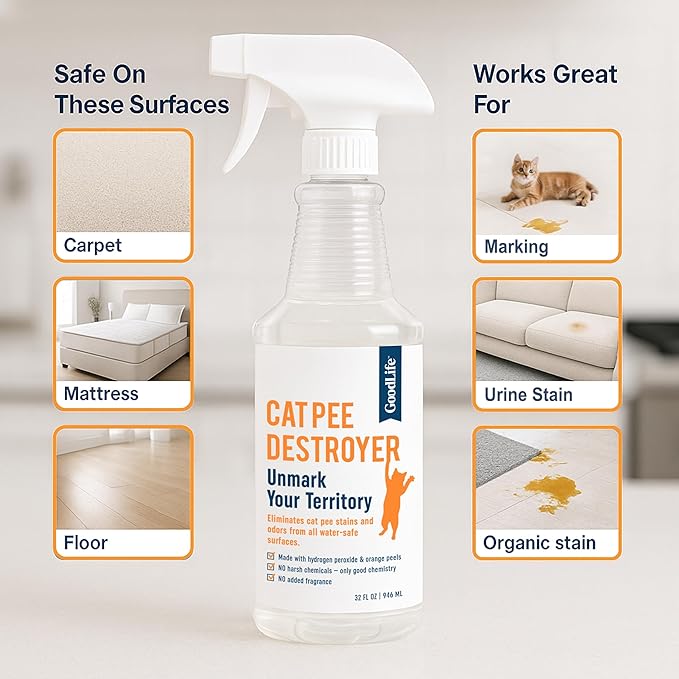 Cat Pee Destroyer - Cat Urination Stain & Urine Odor Eliminator for Home - Cat Deodorizer for Litter Box, Carpet, Mattress, Couches, Furniture, & Floors (1 Gallon)