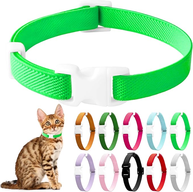 Elastic Cat Collar, Stretch Cat Collar Quick Release, Bright Colors Safety Kitten Collar Adjustable Collar for Kittens, Lightweight Soft Polyester Collars for Boy Girl Cats (Neon Green,M)