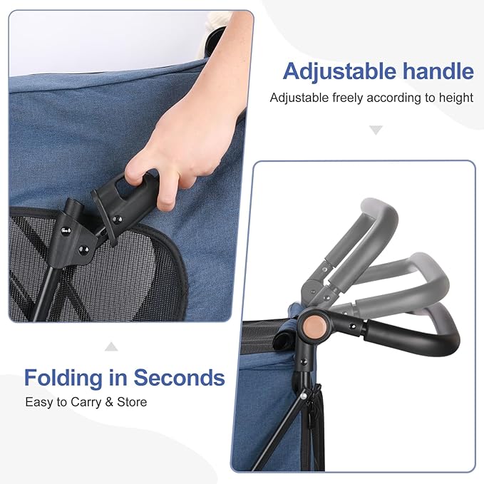 Large Dog Travel Stroller with 4 Heavy Duty Wheels Pet Stroller with Adjustable Handle - Double Doggie Capacity Jogger Wagon with Back Front Door for Small Medium Large Dogs (Navy-C)