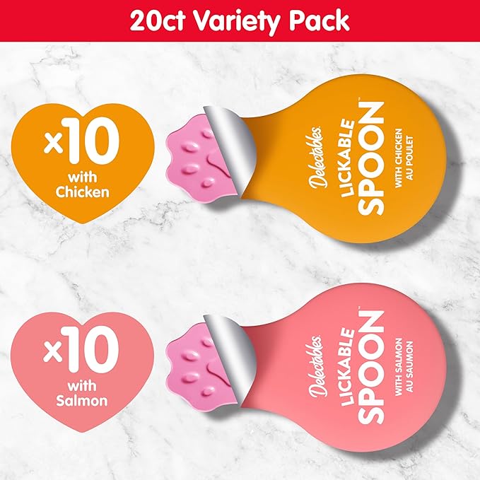Hartz Delectables Lickable Spoon Handheld Wet Cat Treats Made with Real Chicken & Salmon, Quick & Easy Creamy Puree, Mess Free, Grain-Free, No Added Fillers, No by-Products, Variety Pack, 20ct