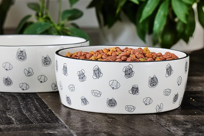 Pearhead Ceramic Dog Bowl Large 9 Cup – Puppy Faces Pattern, Durable Heavyweight Pet Food & Water Bowl, Neutral Modern Design, for Pet Parents, XL