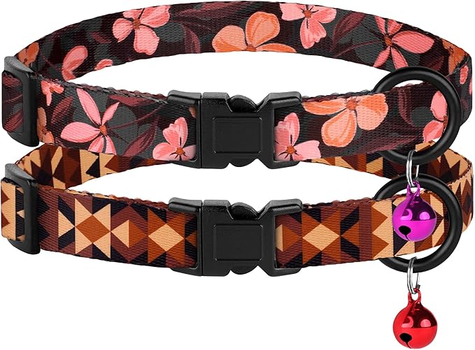 Cat Collars 2 Pack - Soft Cute Breakaway Collar with Bell, Adjustable Safety Kitten Collars for Girl & Boy Cats – Comfortable Stylish Patterned Print Lightweight (Crossandra + Geometric)