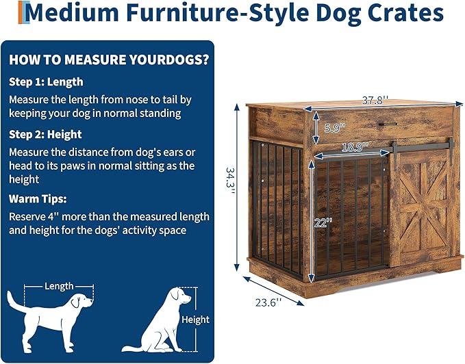 37.8" Dog Crate Furniture, Farmhouse Style 2-in-1 Dog Crate with Sliding Barn Door for Small/Medium Dogs, Dual Function as Side Table with Storage Drawer, 2-in-1 Iron-Wood Fusion Design, Brown