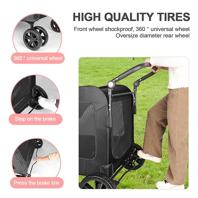 Large Dog Travel Stroller with 4 Heavy Duty Wheels Pet Stroller with Adjustable Handle - Double Doggie Capacity Jogger Wagon with Back Front Door for Small Medium Large Dogs (Black)