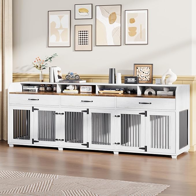 AMERLIFE 95" Large Dog Crate Furniture with Storage, 3-Room Indoor Wooden Dog Kennel for Large/Medium Dogs, TV Stand & Sideboard with Drawers & Removable Divider, White+Barnwood