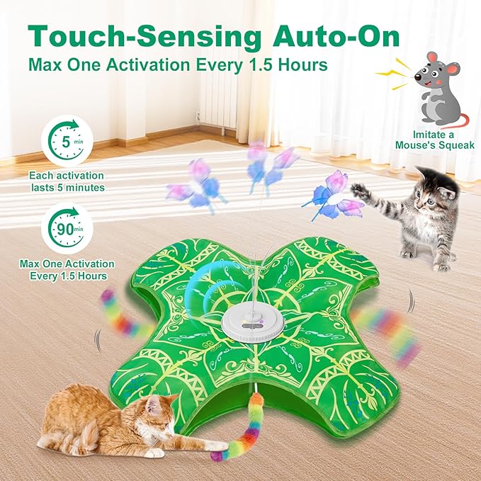 Interactive Cat Toys for Indoor Cats,[Newly Upgraded] Rechargeable Touch Activated Hide and Seek Kitten Toys for Bored Indoor Adult Cats with Fluttering (Green)