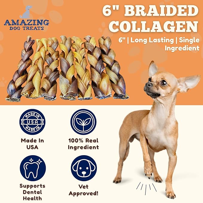 Amazing Dog Treats - 6 Inch Braided Collagen Sticks for Dogs - (10 Count) - Collagen Bully Sticks for Dogs