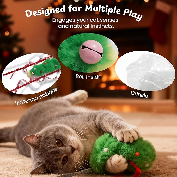 Nocciola 3 PCS Christmas Cat Toys – Natural Catnip and Silvervine Sticks Chew Toys，Cute Reindeer, Tree and Santa Hat Cat Wands，Interactive Teaser Toys for Indoor Cats, Perfect Holiday Present