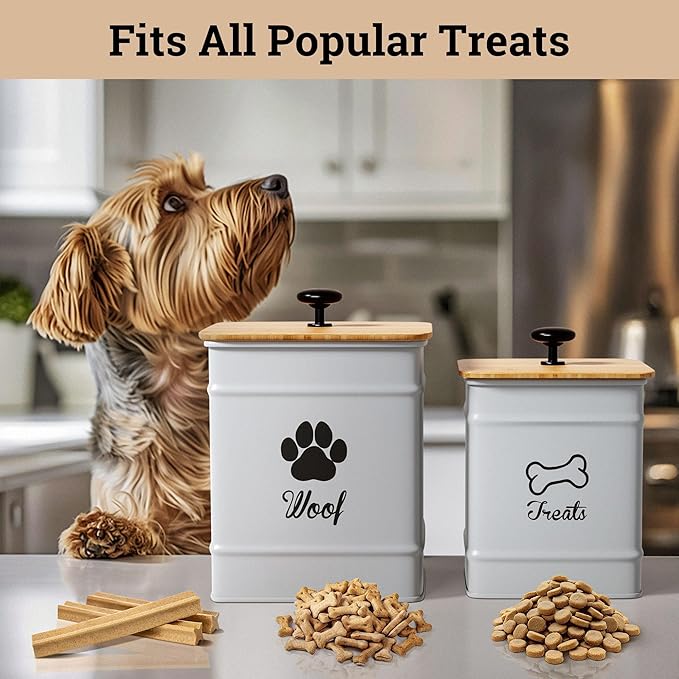 Dog Treat Container Airtight Set of 2 - 8x6 & 7x5 inch Iron Dog Treat Jars for Kitchen Counter with Airtight Bamboo Lids - 20 Cup Capacity Pet Treat Container Set - Doggie Cookie Jar - Treats Canister