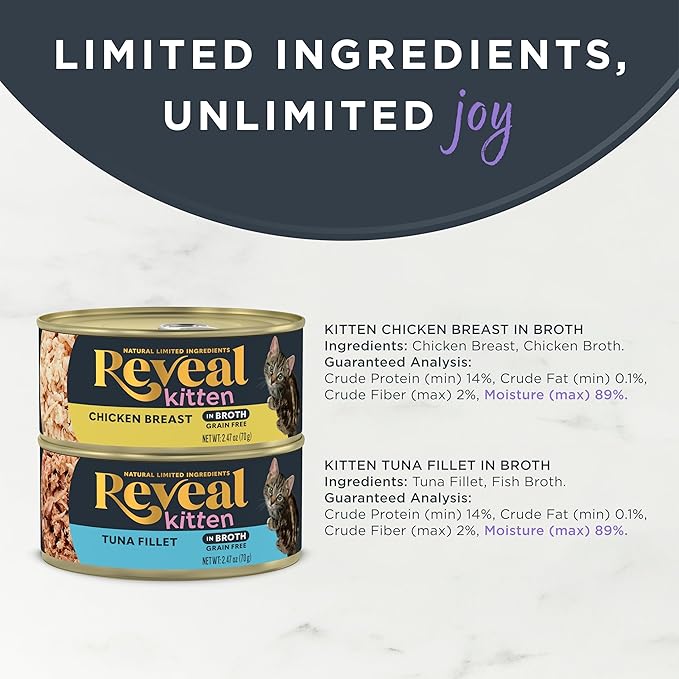 Reveal Natural Wet Kitten Food, Limited and Natural Ingredients, Grain Free, High Protein with No Artificial Additives, Chicken & Tuna Variety in Broth (8 x 2.47 oz Cans)