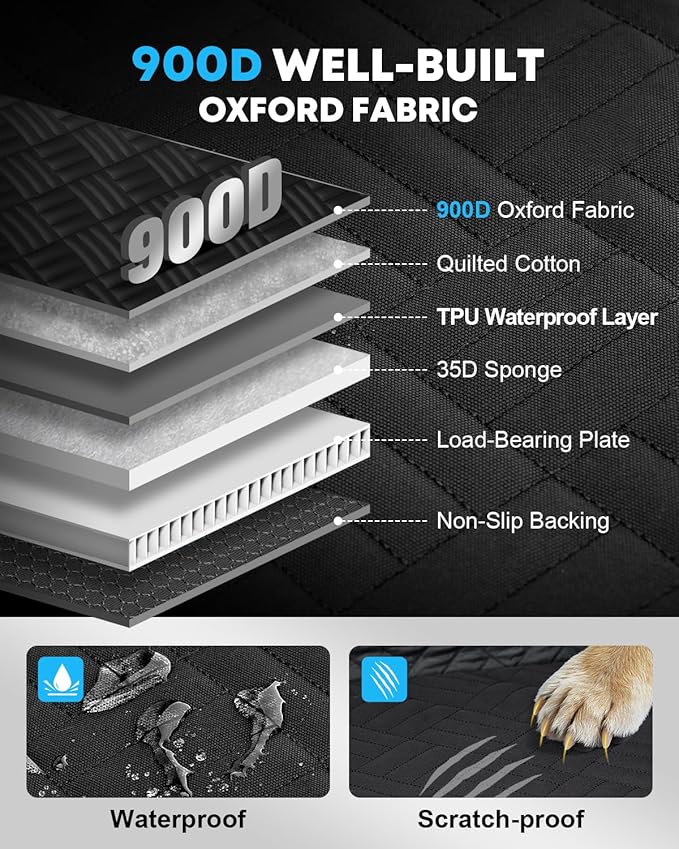 Kohree Dog Car Seat Cover for Back Seat Hard Bottom - Upgraded Reinforced PP Broads, Heavy Duty 900D Oxford Fabric, Nonslip Anti-Scratch Pet Car Seat Cover Dogs Extender Hammock for Car Truck SUV