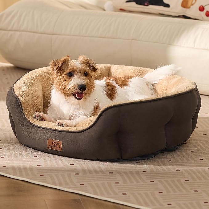 Bedsure Dog Bed for Medium Dogs - Round Washable Medium Pet Bed, Anti-Slip Donut Fluffy Plush Indoor Fur Cat Bed, 28 inches, Brown