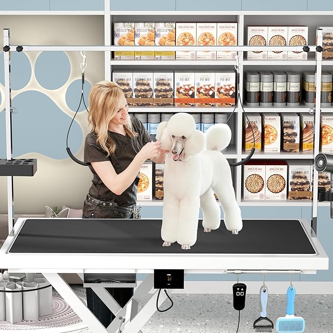 Heavy Duty Electric Lifting Pet Dog Grooming Table for Large Dogs with Overhead Arm, Anti-Skid Rubber Desktop and Powerful Motor, 50'' / White