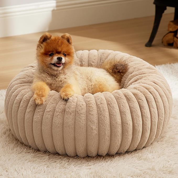 Bedsure Donut Small Dog Bed - Dog Beds for Small Dogs with Corduroy Fleece & Anti Slip Bottom, Round Faux Fur Pet Beds with Washable Removable Cover, Sandy Beige, 23x23x7 inches