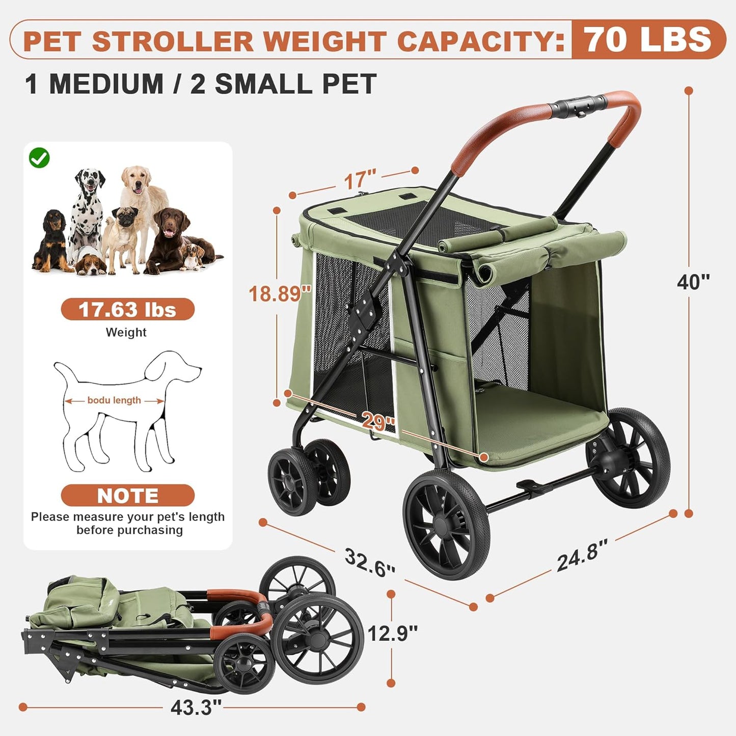Medium Dog Stroller, Dual Entry One-Touch Folding,Small and Medium Pet Stroller,360° Rotating Front Wheels,70 lbs Weight Capacity for Outdoor Travel and Elderly Dogs - Green