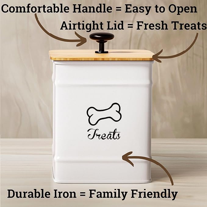 Dog Treat Container Airtight - 5 Inch Wide x 7 Inch Tall Iron Dog Treat Jar for Kitchen Counter with Airtight Bamboo Lid - 7 Cup Capacity Pet Treat Container - Doggie Cookie Jar - Big Treats Canister