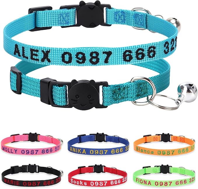 Personalized Cat Collars, Embroidered with Pet Name and Phone Number, Adjustable Nylon Breakaway Safety Release Buckle ID Collar,Custom Text with Bell for Cat or Kitten,Teal