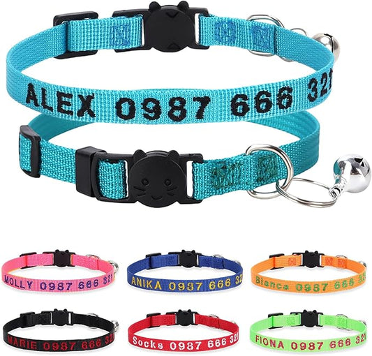 Personalized Cat Collars, Embroidered with Pet Name and Phone Number, Adjustable Nylon Breakaway Safety Release Buckle ID Collar,Custom Text with Bell for Cat or Kitten,Teal