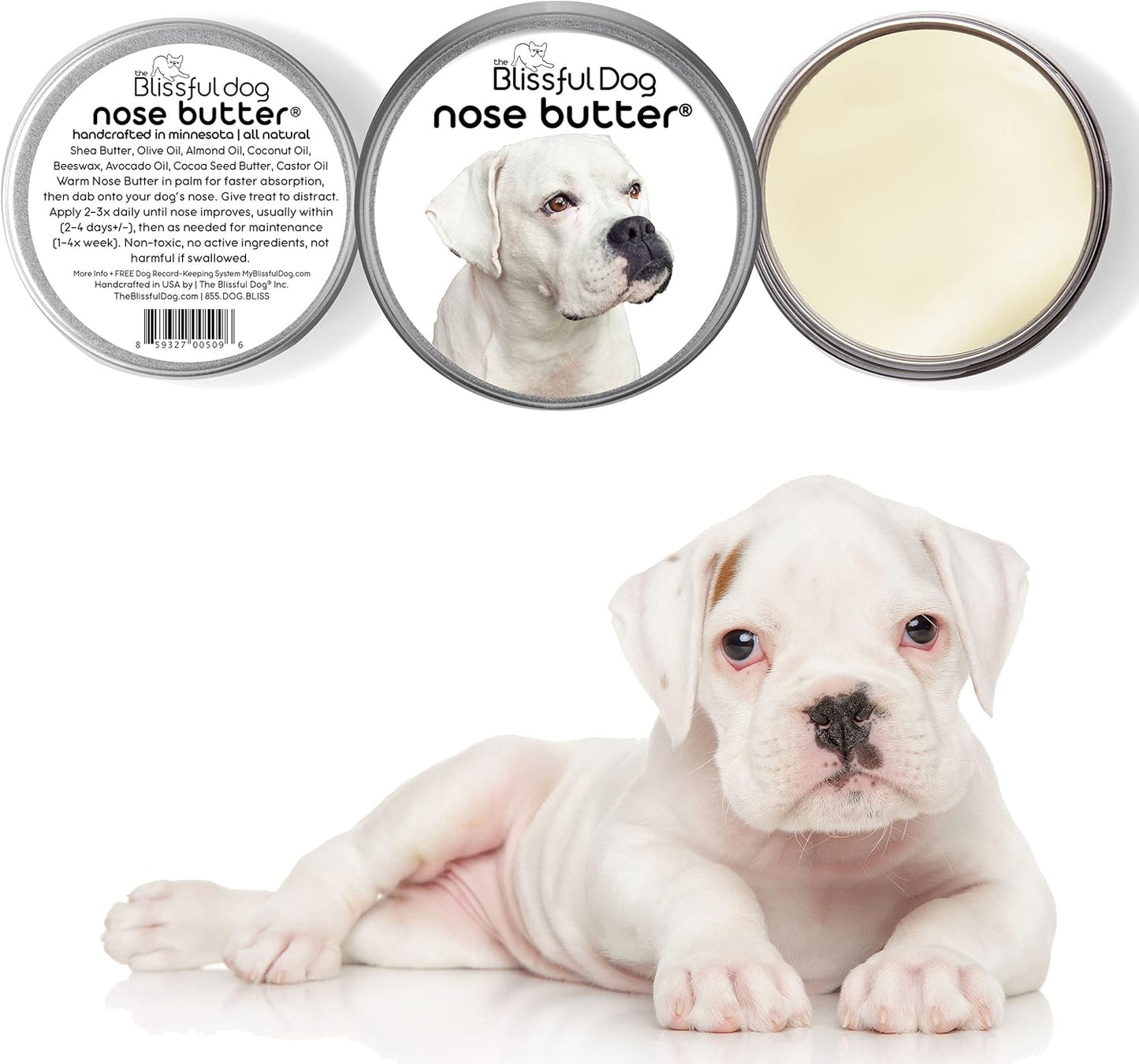The Blissful Dog White Boxer Nose Butter for Dry, Cracked Skin, Lick-Safe Dog Nose Balm with Moisturizing Shea Butter, Almond, Olive, and Essential Oils, Pet Supplies, Uncented, 8 oz.