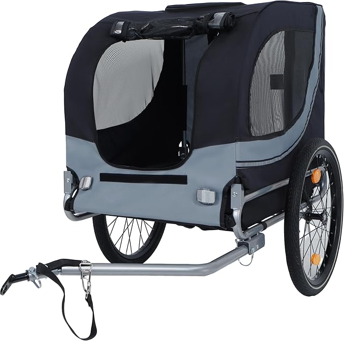 Blue-Grey Large Folding Bike Trailer for Dogs – Heavy-Duty Steel Frame, 66LB Capacity Pet Carrier for All-Terrain Cycling, Jogging & Camping Adventures!