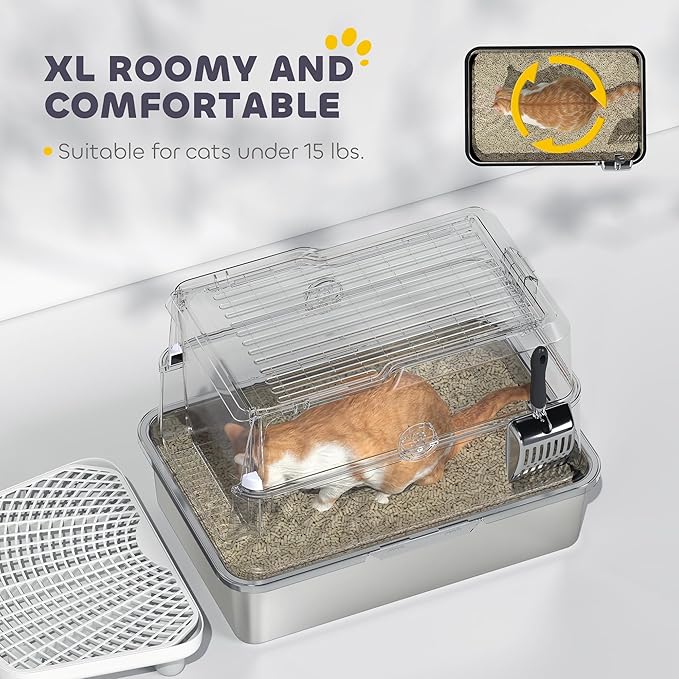 PawHut XL Stainless Steel Cat Litter Box with Lid, Extra Large Enclosed Metal Litter Box for Big Cats with Scoop, Flip Top, Easy Clean & No Odors, Non-Sticky