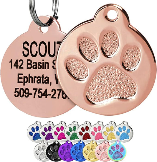 GoTags Paw Print Round Stainless Steel Pet Tag for Dogs and Cats, Personalized with 4 Lines of Custom Engraved ID Name and Number, in Stainless Steel and 15 Colors Small and Large, Rose Gold