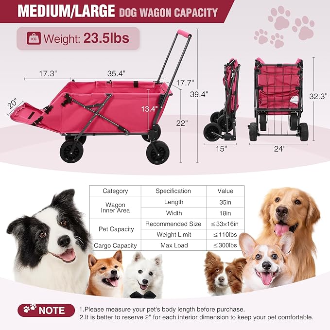 REDCAMP Folding Dog Wagon Cart with Extendable Rear End Heavy Duty, 220L Large Collapsible Utility Cart Dog Stroller with Tailgate for Sports Shopping Pet, Pink