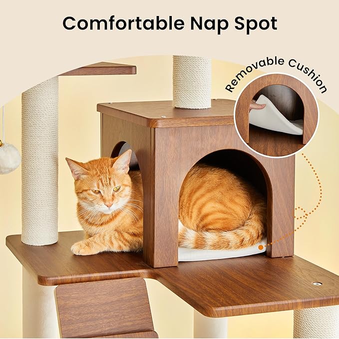 Modern Cat Tree - 64 inch Cat Tower for Indoor Cats, Multi-Level Cat Condo with 7 Fully Wrapped Scratching Posts, 2 Perches, Hammock, Removable Pad & Dangling Balls-Walnut Brown