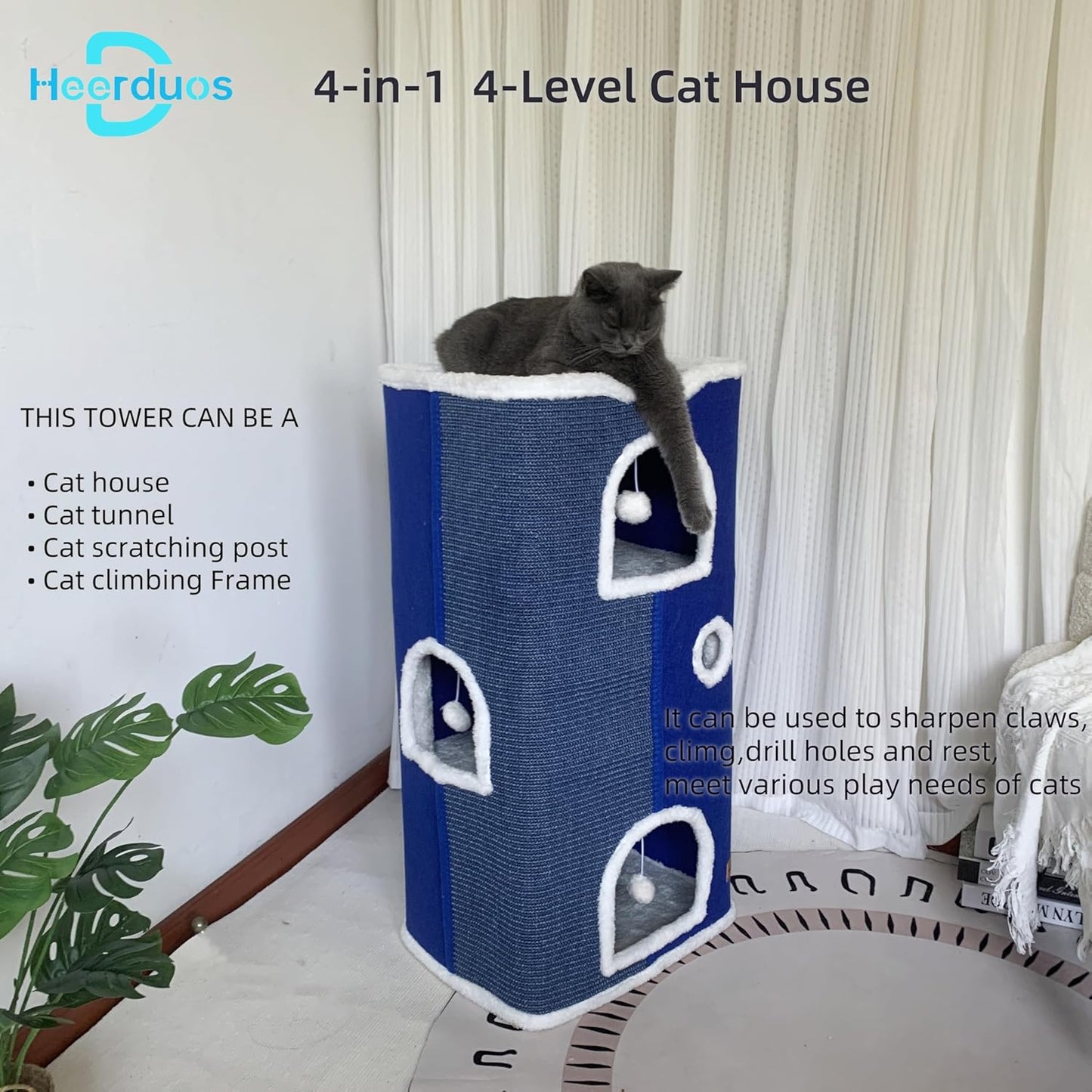 4-Level Cat House for Indoor Cats,Covered Cat Beds and Furniture with Scratch Pad,Hideaway Cave &Cushions,Modern Cat Tower Condo for Multi Small Pet and Large Cats Navy Blue
