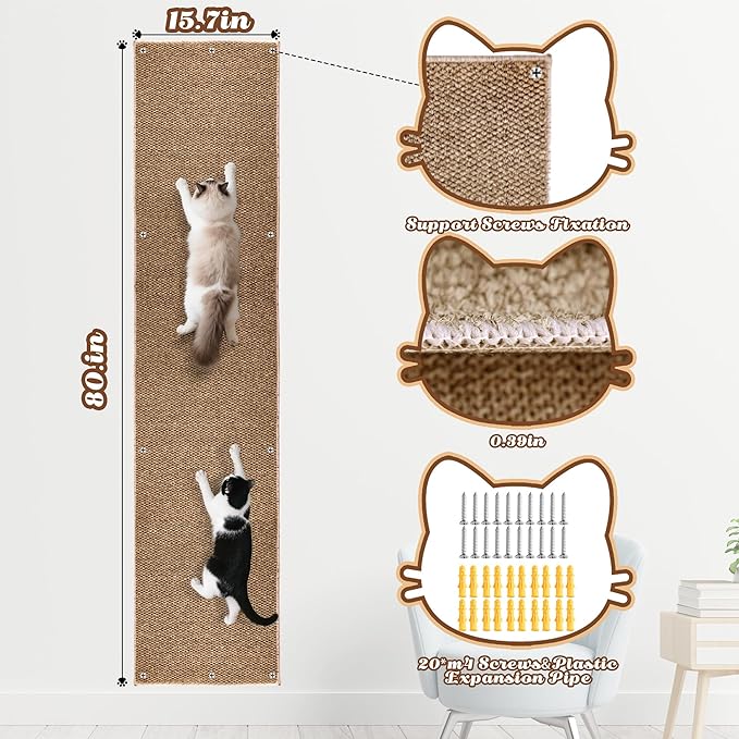 80"x15.7" Cat Wall Scratching Mat, Extra Large Cat Climbing Carpet with 20 Fixed Nails Wall Scratcher Furniture Protector for Couch, Sofa, Home (Brown)