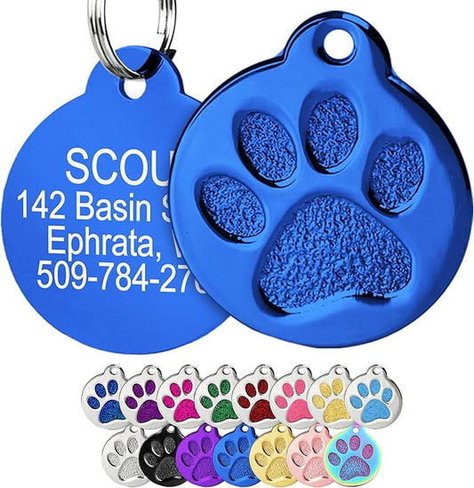 GoTags Paw Print Round Stainless Steel Pet Tag for Dogs and Cats, Personalized with 4 Lines of Custom Engraved ID Name and Number, in Stainless Steel and 15 Colors Small and Large, Blue