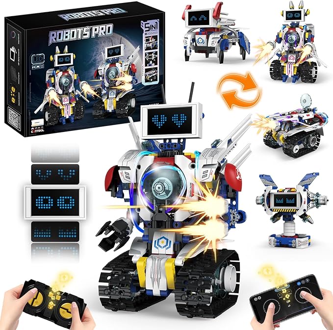 5 in 1 STEM Robot Building Kit, APP & Remote Control Screen Building Toys, Eye Coding Robots Rechargeable, 620Pcs DIY Super Warriors for Kids Learning, Boys Girls Birthday Gifts