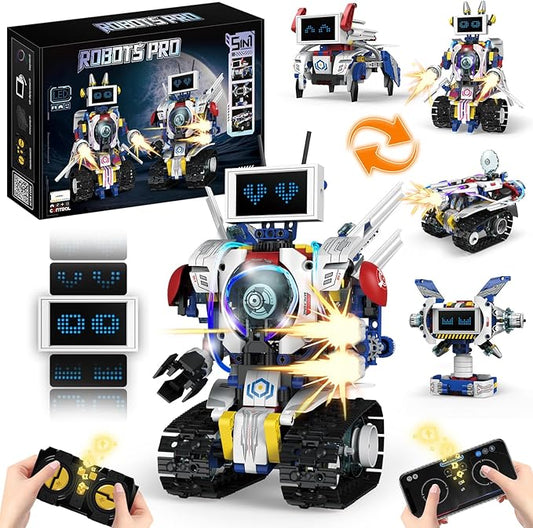5 in 1 STEM Robot Building Kit, APP & Remote Control Screen Building Toys, Eye Coding Robots Rechargeable, 620Pcs DIY Super Warriors for Kids Learning, Boys Girls Birthday Gifts