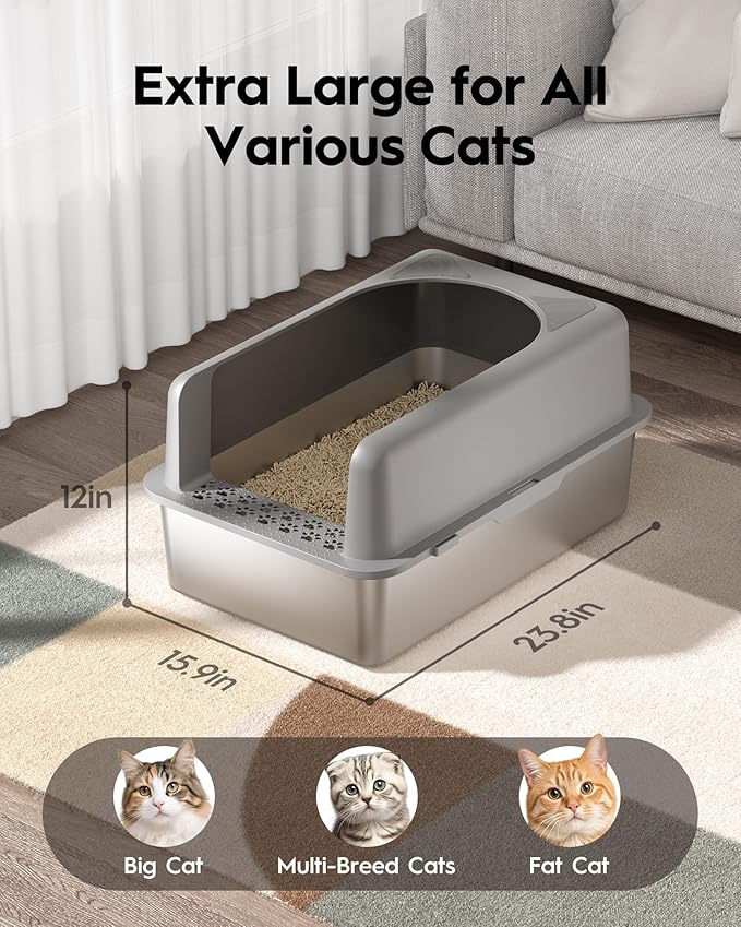 Stainless Steel Cat Litter Box, Extra Large Enclosed Litter Boxs for Big Cats, XL Metal Cat Litter Box with Lid, High Sided, Non Stick, No Smell, Easy to Clean, Included Scoop