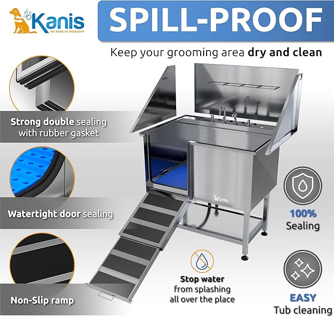 KANIS Professional Dog Washing Station - 304 Stainless Steel Pet Wash Sink & Grooming Bath Tub for Home with Ramp, Shower, Floor Grate, Storage Shelf, Faucet, Drain Kit for Large, Medium & Small Pets