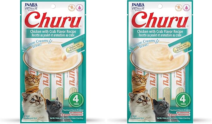 INABA Churu Cat Treats, Grain-Free, Lickable, Squeezable Creamy Purée Cat Treat/Topper with Vitamin E & Taurine, 0.5 Ounces Each Tube, 4 Tubes, Chicken with Crab Recipe (Pack of 2)