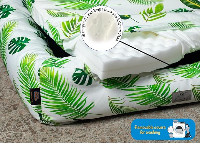 Furry's Paradise Foam Cuddler Pet Bed with Waterproof Liners, Reversible Cushion, Washable Cover, Recycled Fibers and Non-Slip Bottom. (in The Tropics, Orthopedic Medium)