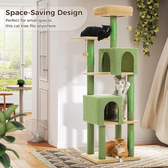 62" Cat Tree for Indoor Cats, Multi-Level Cat Tower for Large Cats with Scratching Posts, 2 Spacious Plush Condos, Padded Perch, Soft Cat Bed, Scratching Pad & 2 Pompoms, Green